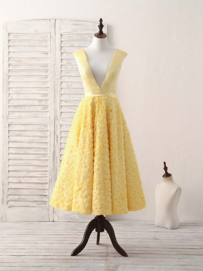 Yellow V Neck 3D Floral Satin Tea Long Homecoming Dress SH1629