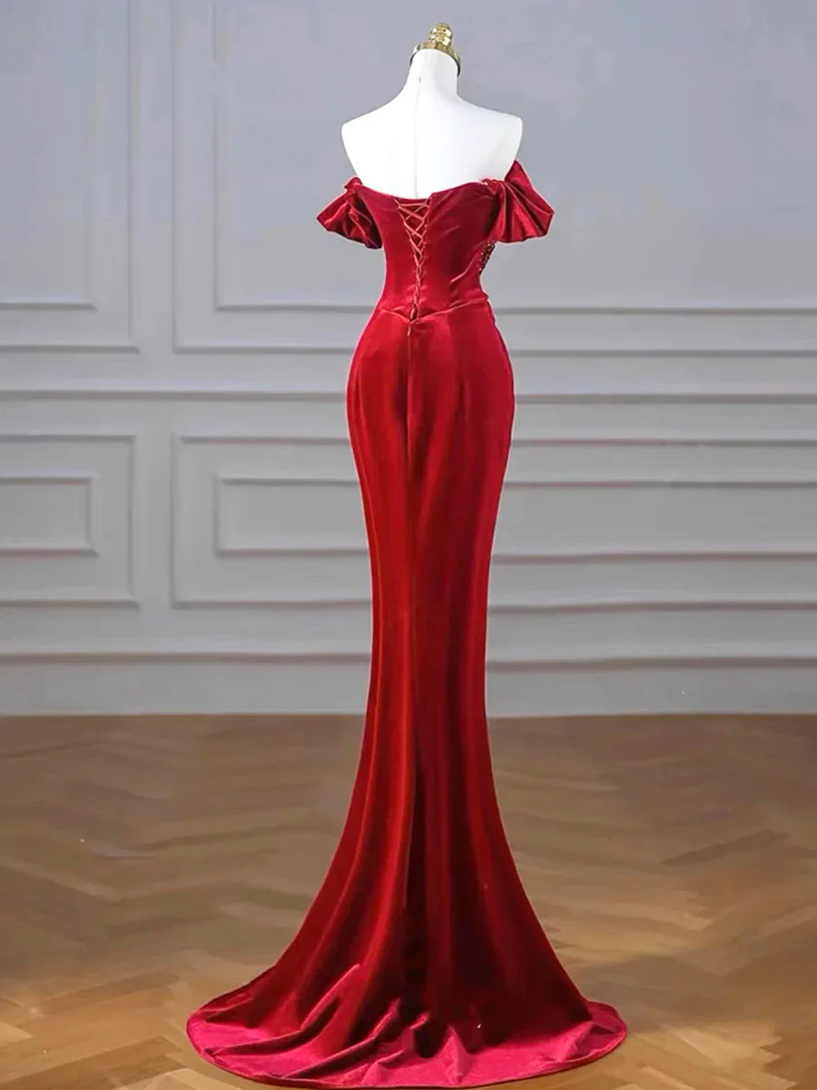 Burgundy Mermaid Off the Shoulder Velvet Sequins Long Prom Dress With Slit SH1642