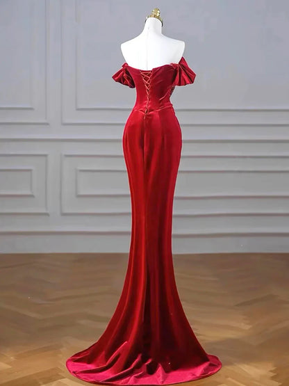 Burgundy Mermaid Off the Shoulder Velvet Sequins Long Prom Dress With Slit SH1642