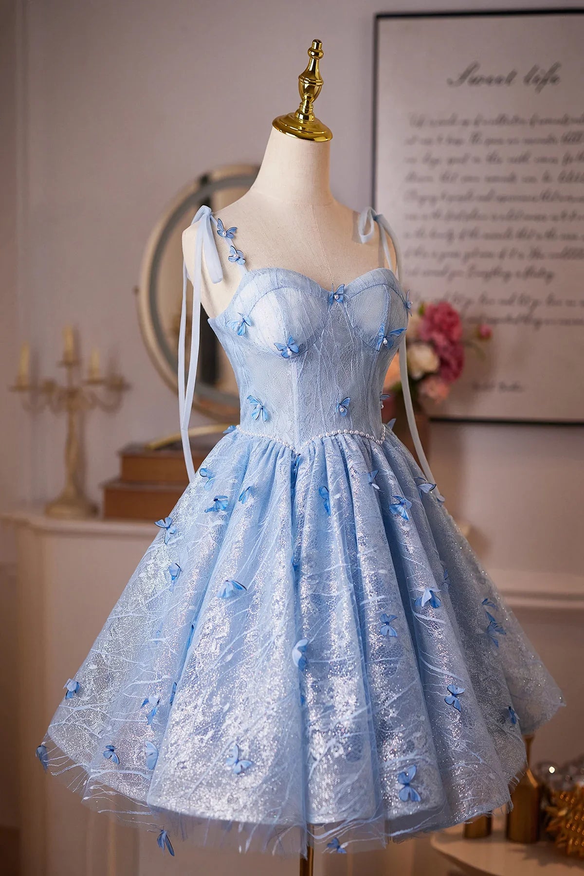 Chic Homecoming Dress Spaghetti Straps Flower Lace Short Prom Dress Back to School Outfits Birthday Party Dress  D6012